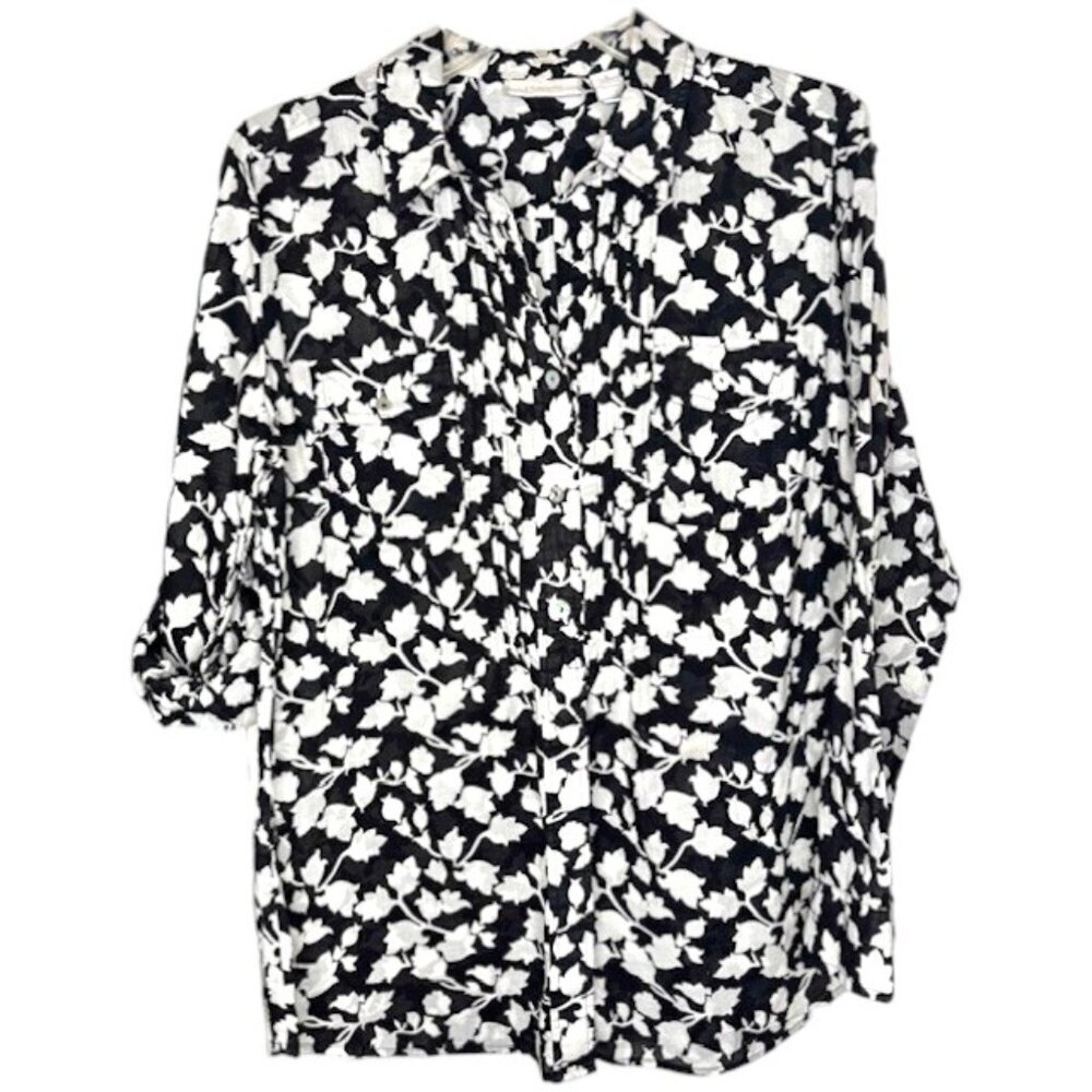 Chico's Floral Cotton Roll Sleeve Top Pintuck Detail - Black/White - 1 (US 8-10)